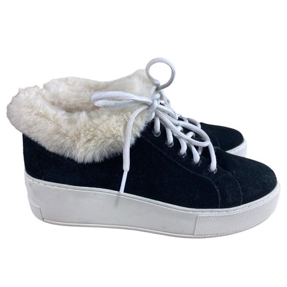 J /Slides Mellia Black Suede Platform Athletic Shoes Sz 7 Fur Platform Sneakers - Picture 2 of 10